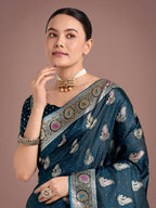 Monjolika Fashion Teal Color Festival Wear Banarasi Satin Silk Designer Zari Weaving Saree | Grocsy
