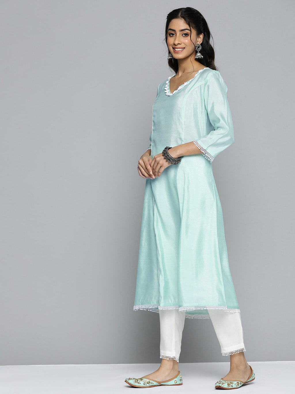 HERE&NOW Women Solid Panelled A-Line Kurta with Trousers | Grocsy