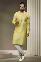 Raivat Ethnic Jacquard Silk Brocade Pintux Work Kurta Pajama In Lemon Cream Colour | Grocsy