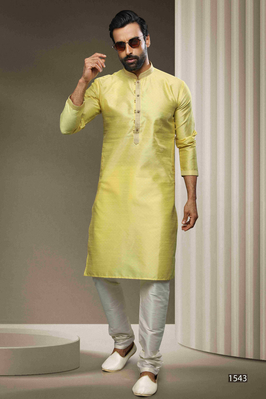 Raivat Ethnic Jacquard Silk Brocade Pintux Work Kurta Pajama In Lemon Cream Colour | Grocsy