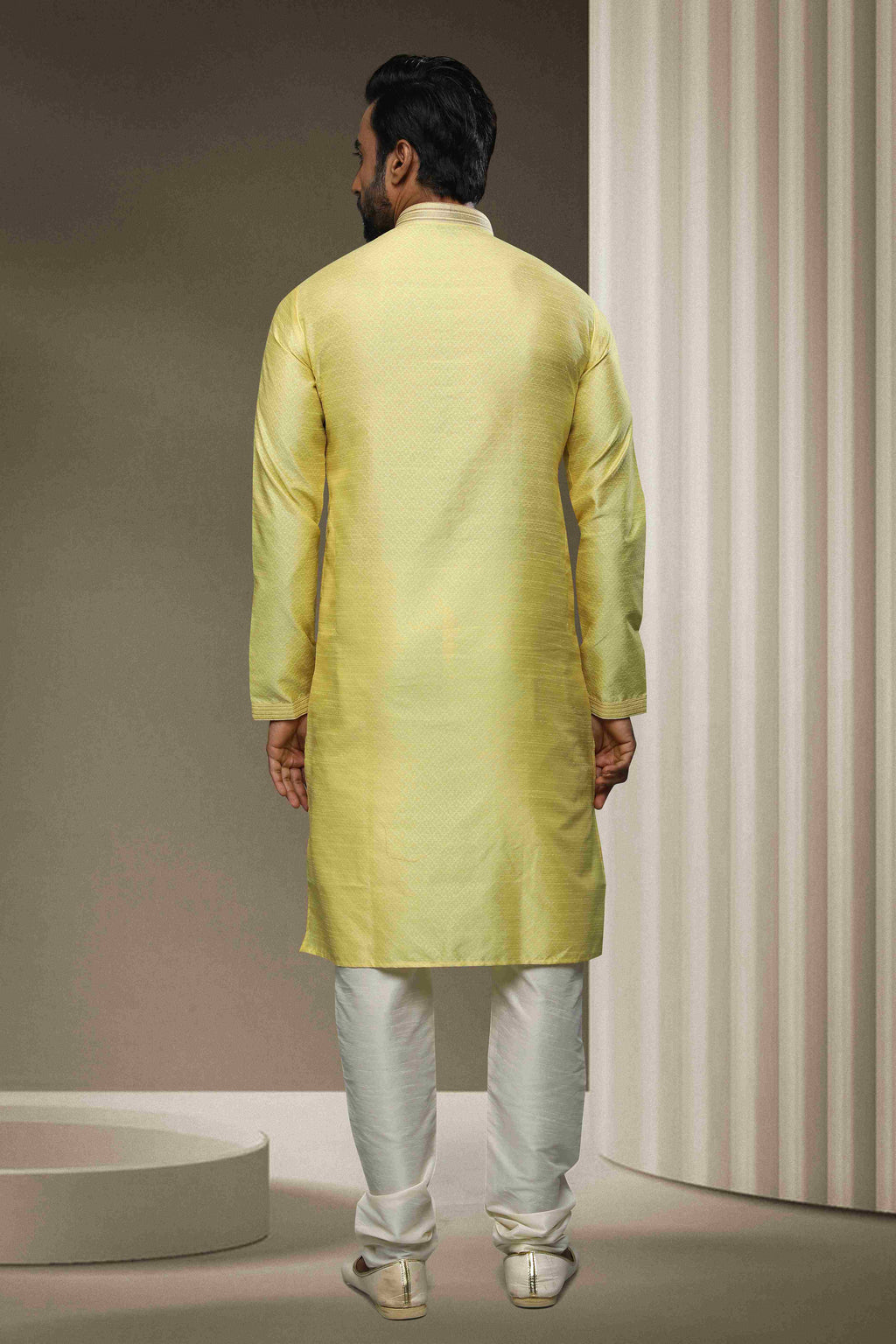 Raivat Ethnic Jacquard Silk Brocade Pintux Work Kurta Pajama In Lemon Cream Colour | Grocsy