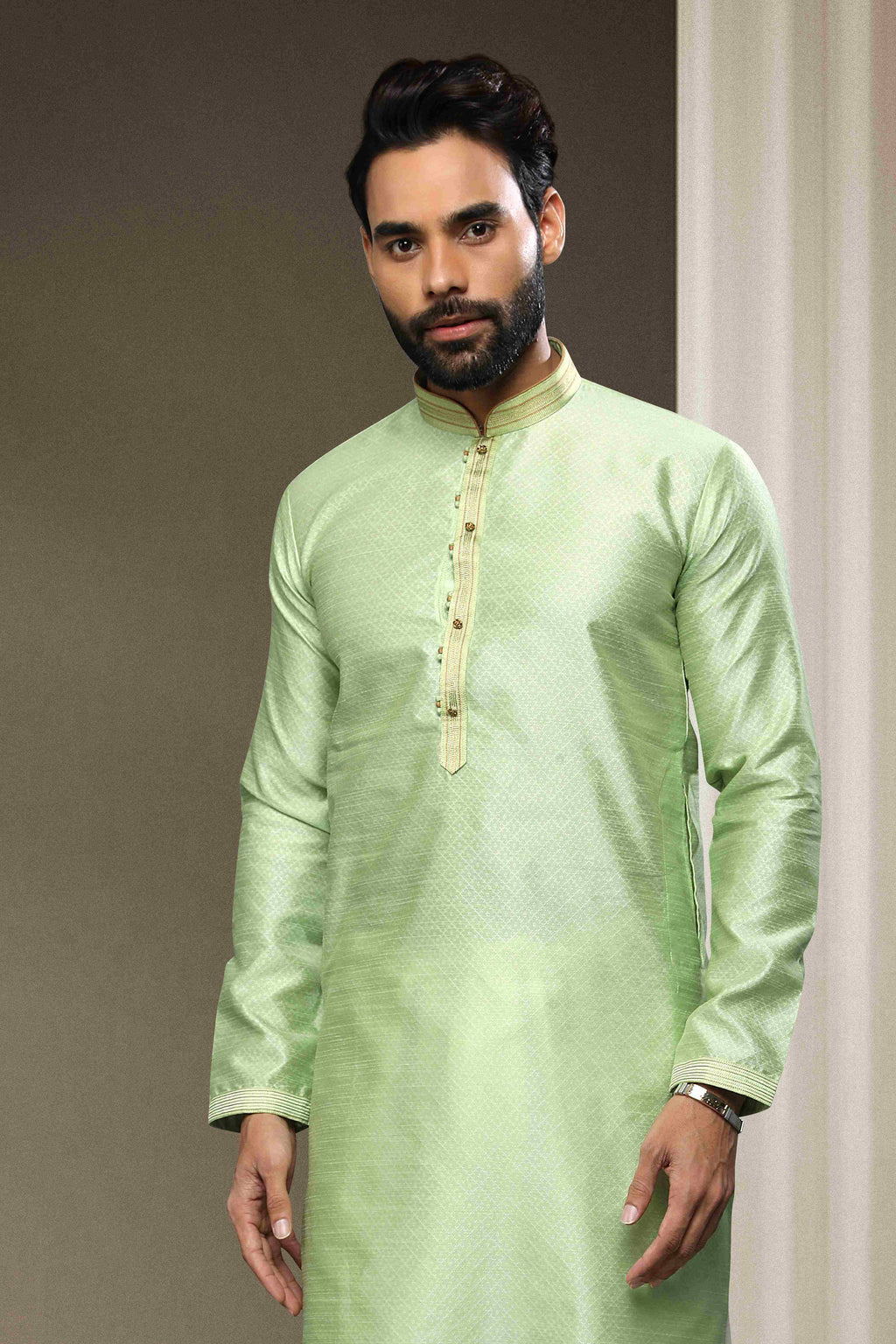 Raivat Ethnic Jacquard Silk Brocade Pintux Work Kurta Pajama In Pista Green Colour | Grocsy
