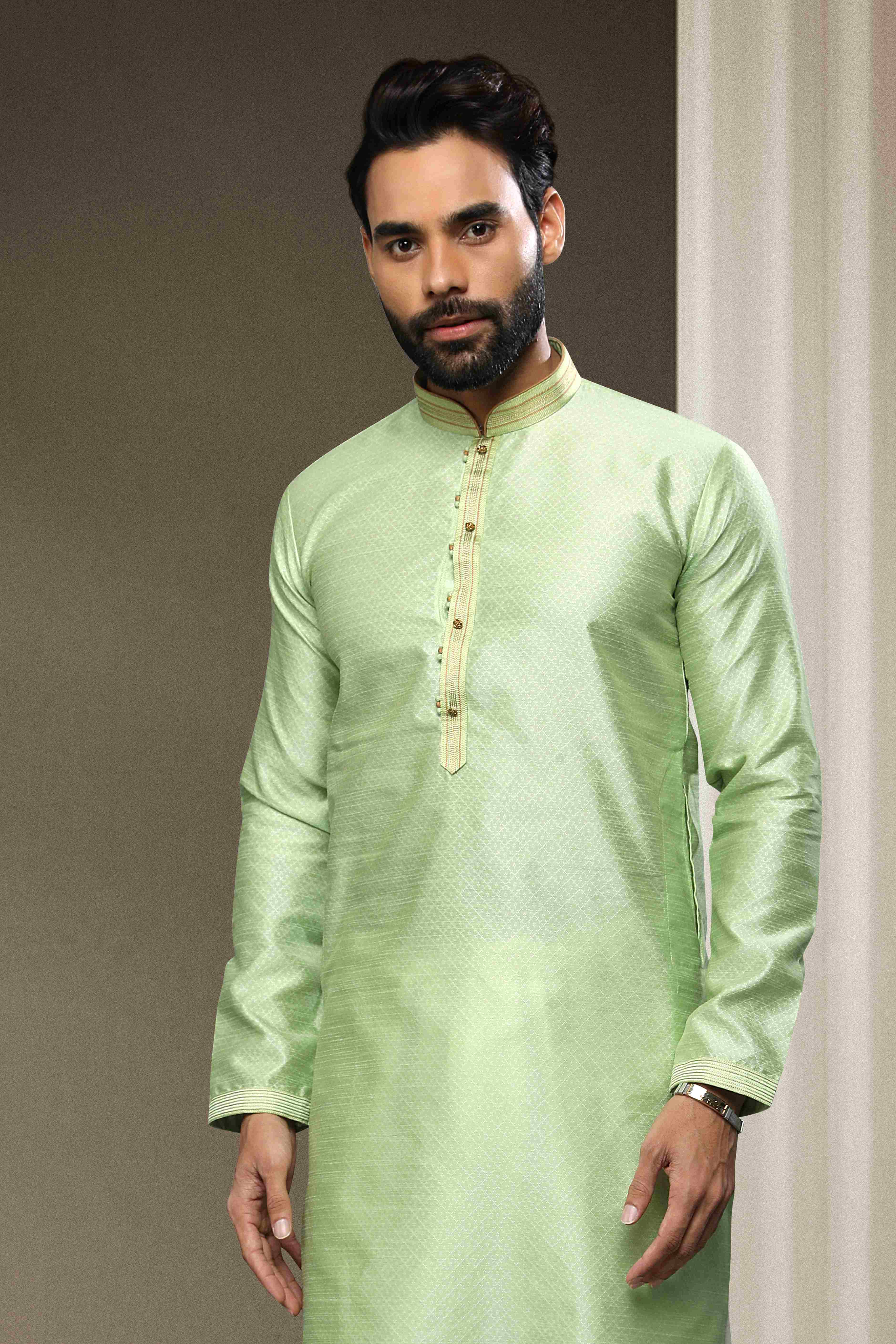 Raivat Ethnic Jacquard Silk Brocade Pintux Work Kurta Pajama In Pista Green Colour | Grocsy
