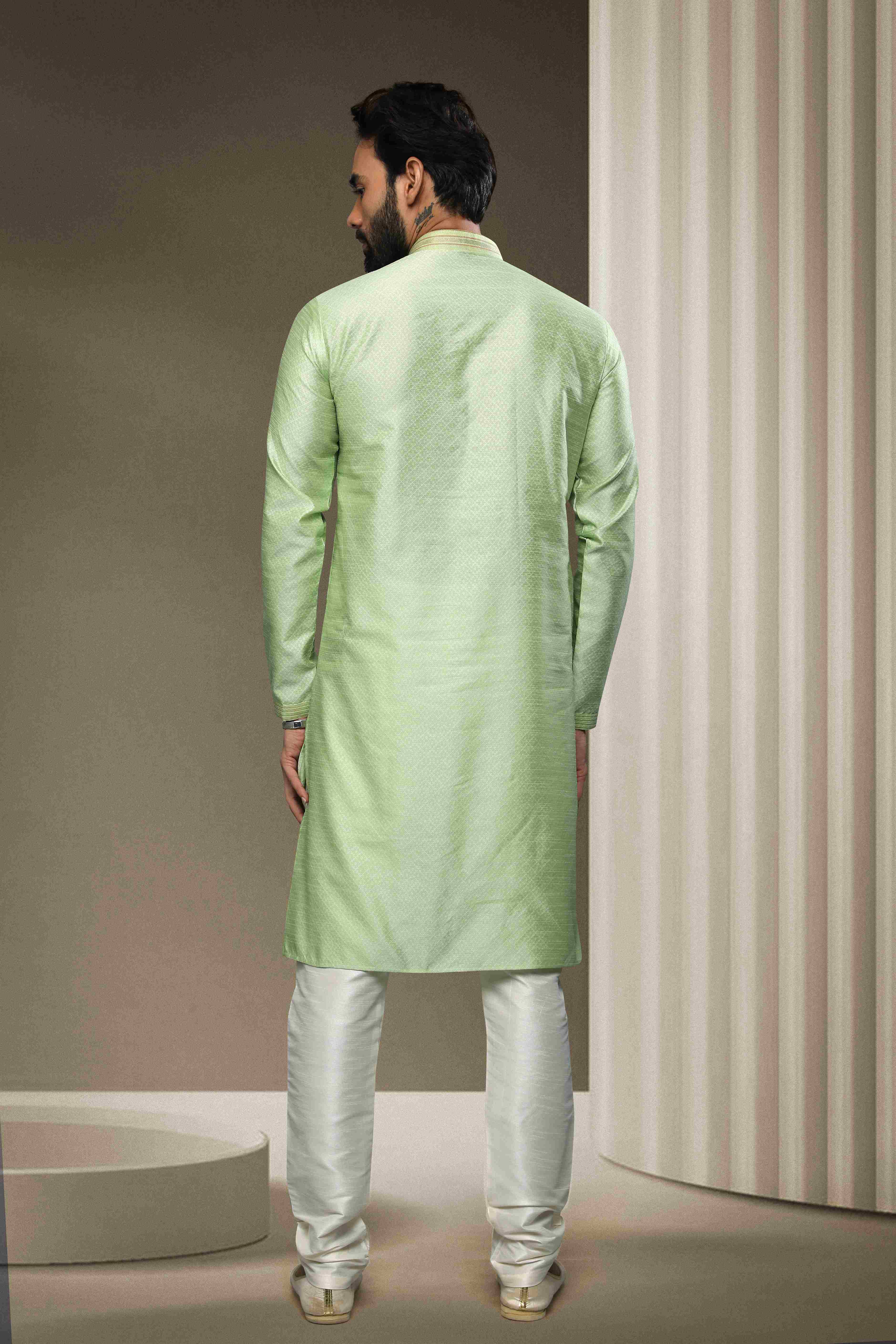 Raivat Ethnic Jacquard Silk Brocade Pintux Work Kurta Pajama In Pista Green Colour | Grocsy