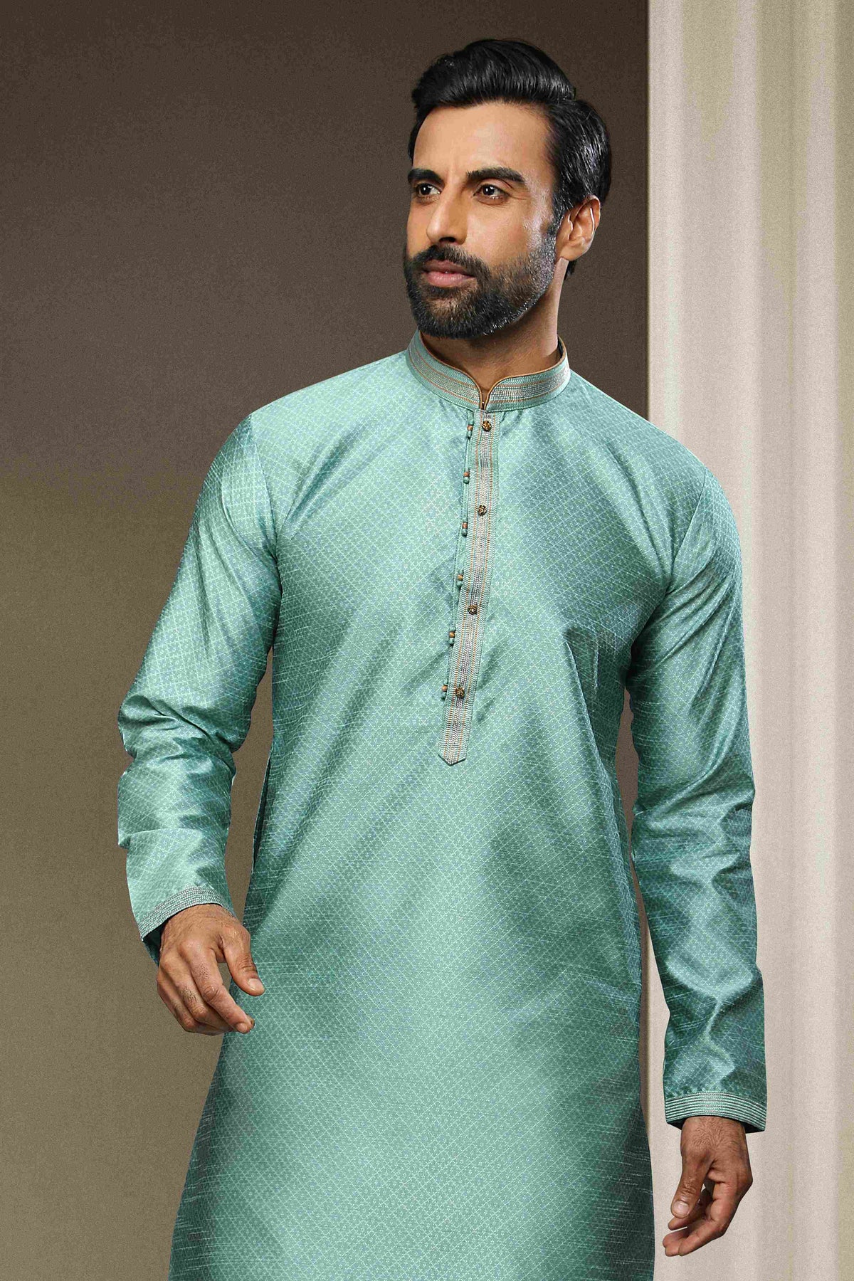 Raivat Ethnic Jacquard Silk Brocade Pintux Work Kurta Pajama In Sky Blue Colour | Grocsy