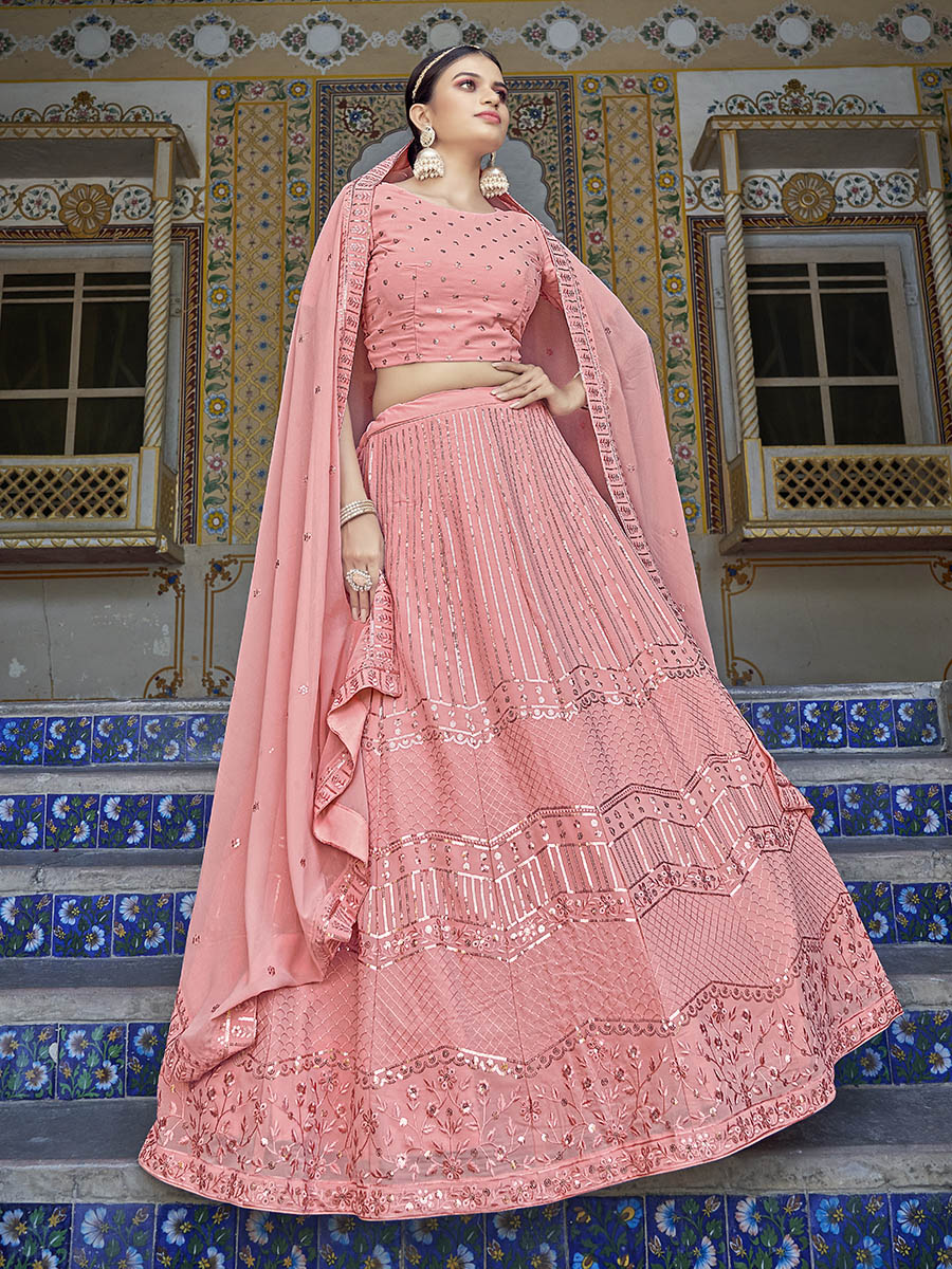 Myra Pink Georgette Embroidered Designer Lehenga Choli | Grocsy