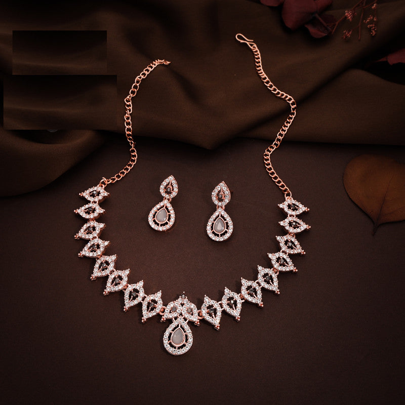 Tehzeeb Creations Shimmering Rose Gold Polished Ad Studded Necklace Jewellery Set With Matching Earrings For Women And Girls | Grocsy