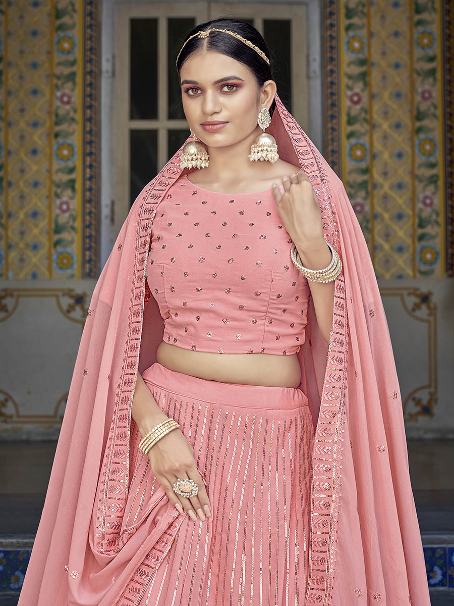 Myra Pink Georgette Embroidered Designer Lehenga Choli | Grocsy