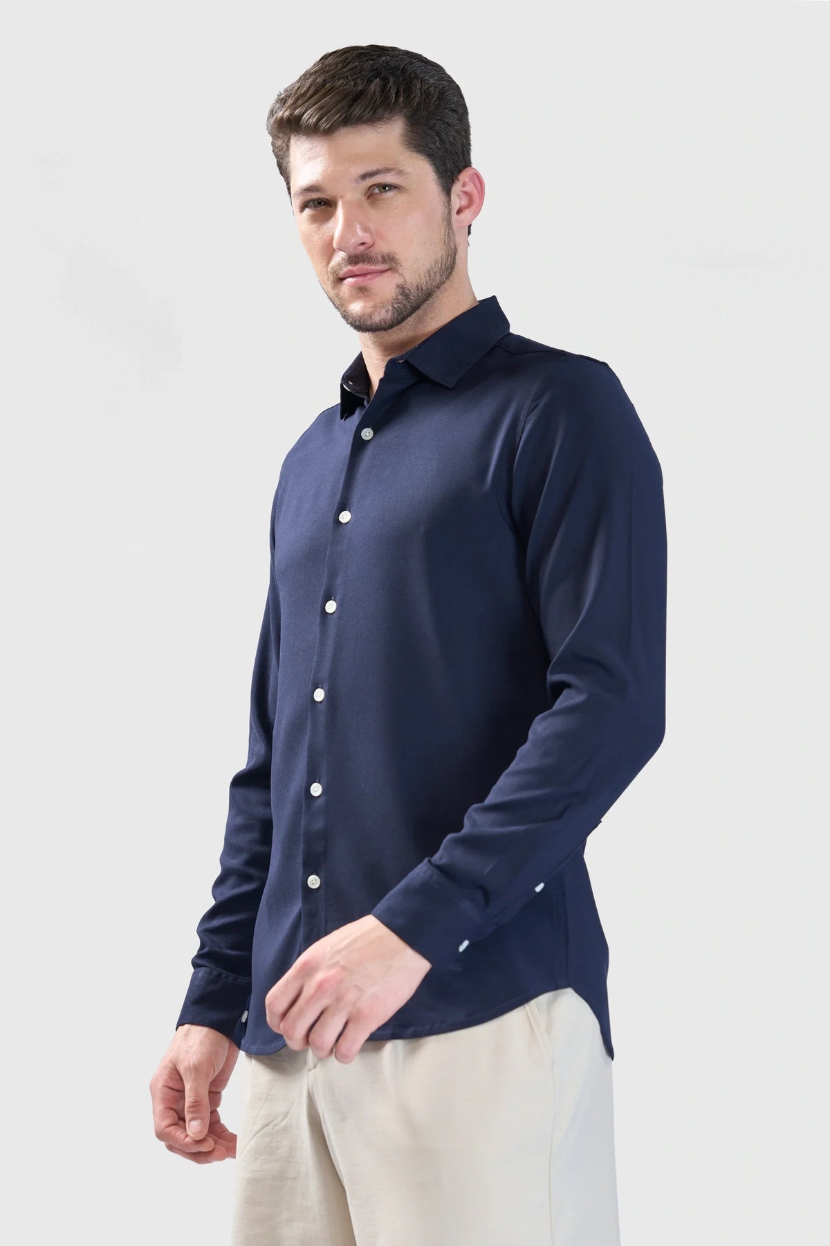 Xkind Navy Blue Plain Slim Fit Shirt | Grocsy