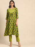 All About You Women Olive Green Ethnic Motifs Printed Empire Kurta with Trousers | Grocsy