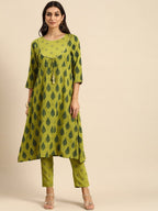 All About You Women Olive Green Ethnic Motifs Printed Empire Kurta with Trousers | Grocsy