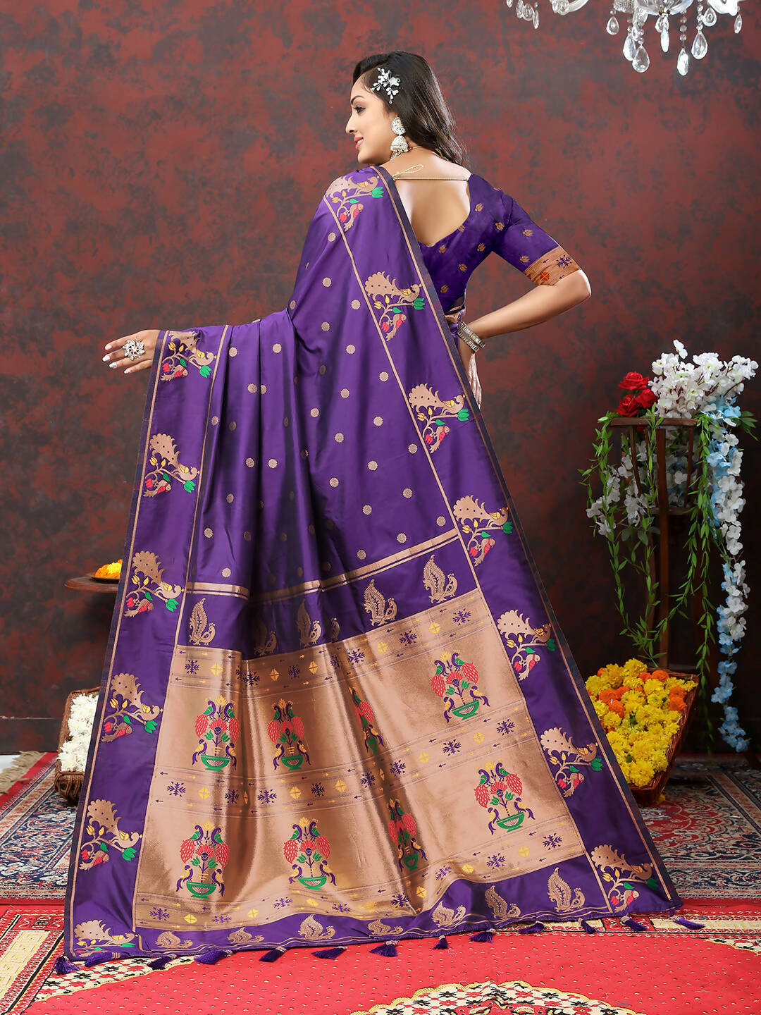 Lorenvalley Fashion Purple Soft Paithani Silk Woven Design Copper Zari Meenakari Weaving Saree | Grocsy