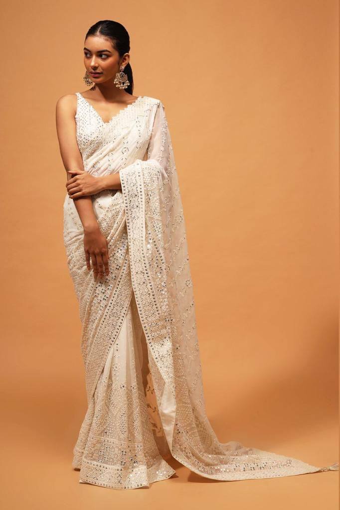 Teeya Creation White Color Georgette Embroidery Work Saree | Grocsy