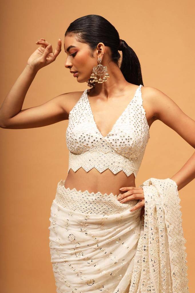Teeya Creation White Color Georgette Embroidery Work Saree | Grocsy