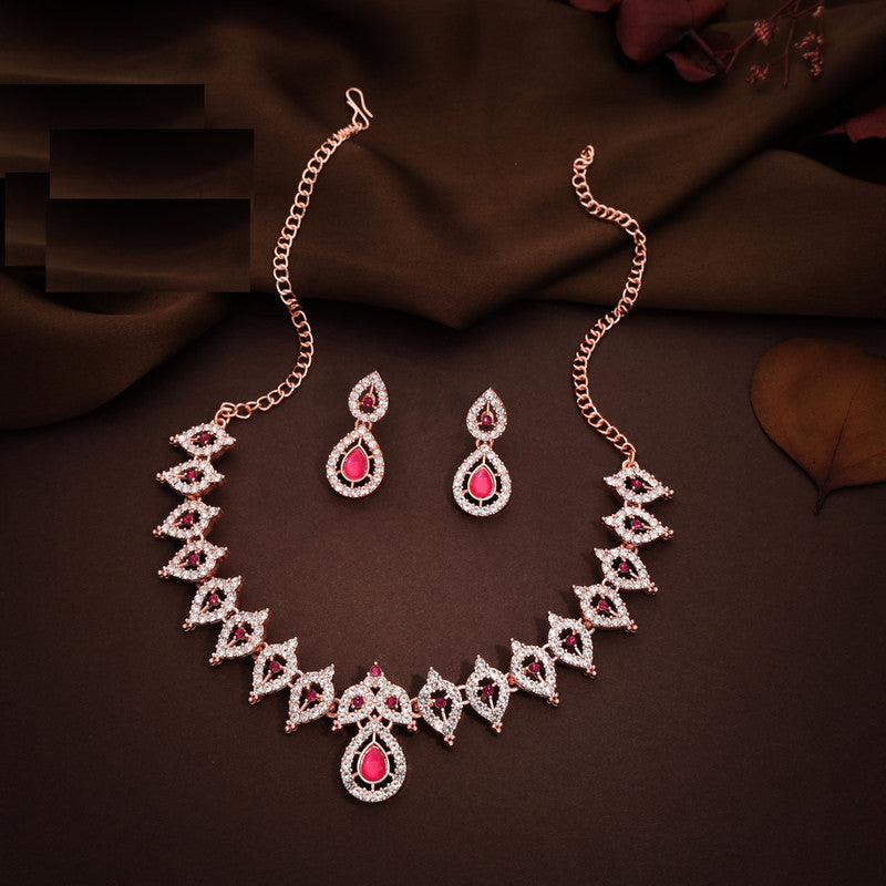 Tehzeeb Creations Pink Colour Ad Studded Necklace Jewellery Set With Matching Earrings For Women And Girls | Grocsy