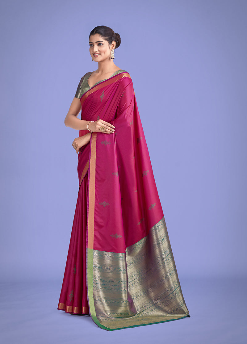 Monjolika Fashion Charming Rani Pink Color Silk Golden Zari Woven Ceremony Saree | Grocsy