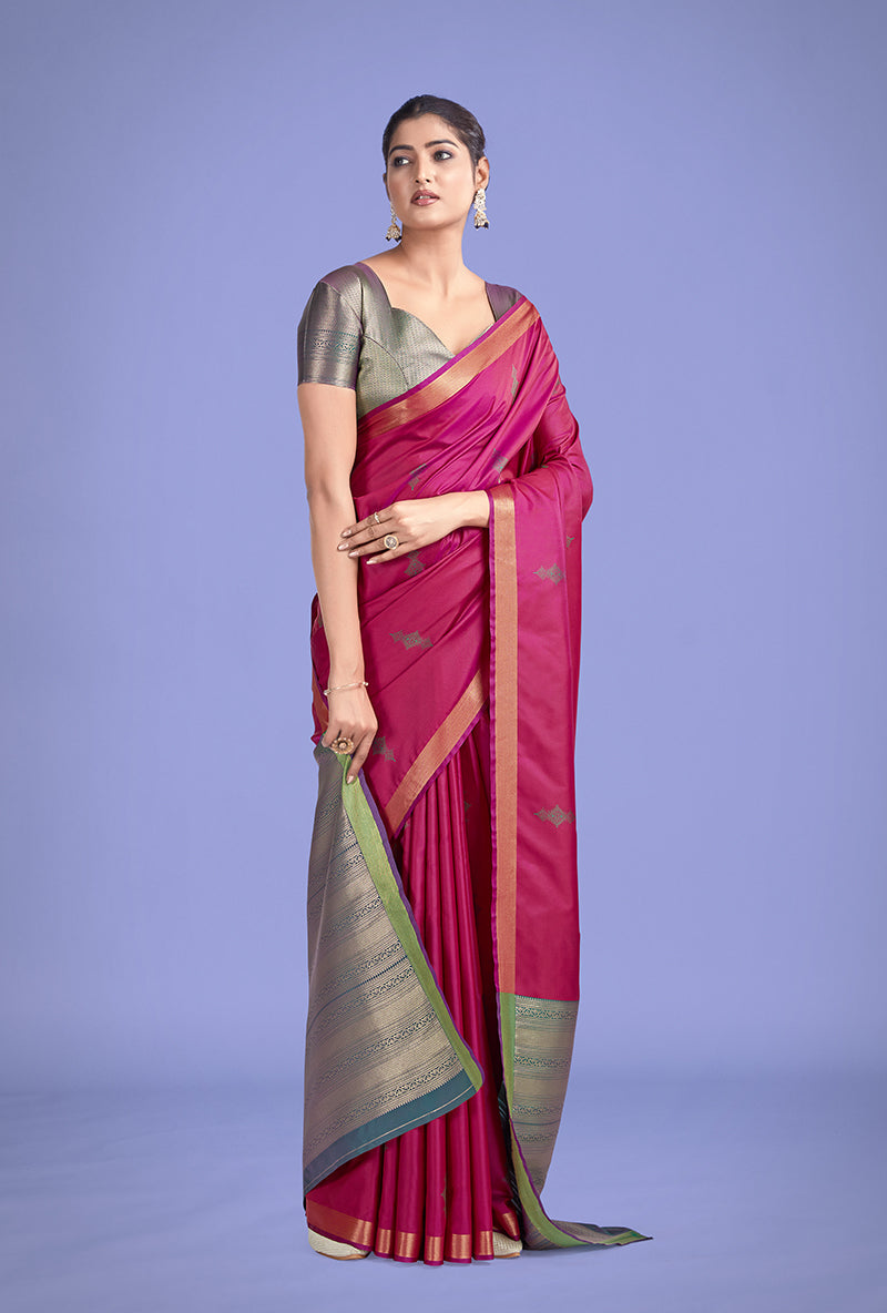 Monjolika Fashion Charming Rani Pink Color Silk Golden Zari Woven Ceremony Saree | Grocsy