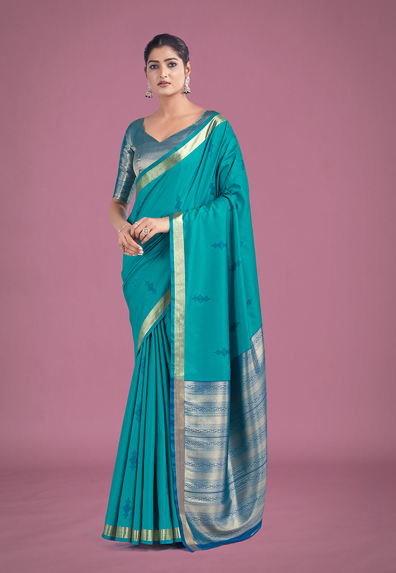 Monjolika Fashion Charming Turquoise Color Silk Golden Zari Woven Ceremony Saree | Grocsy