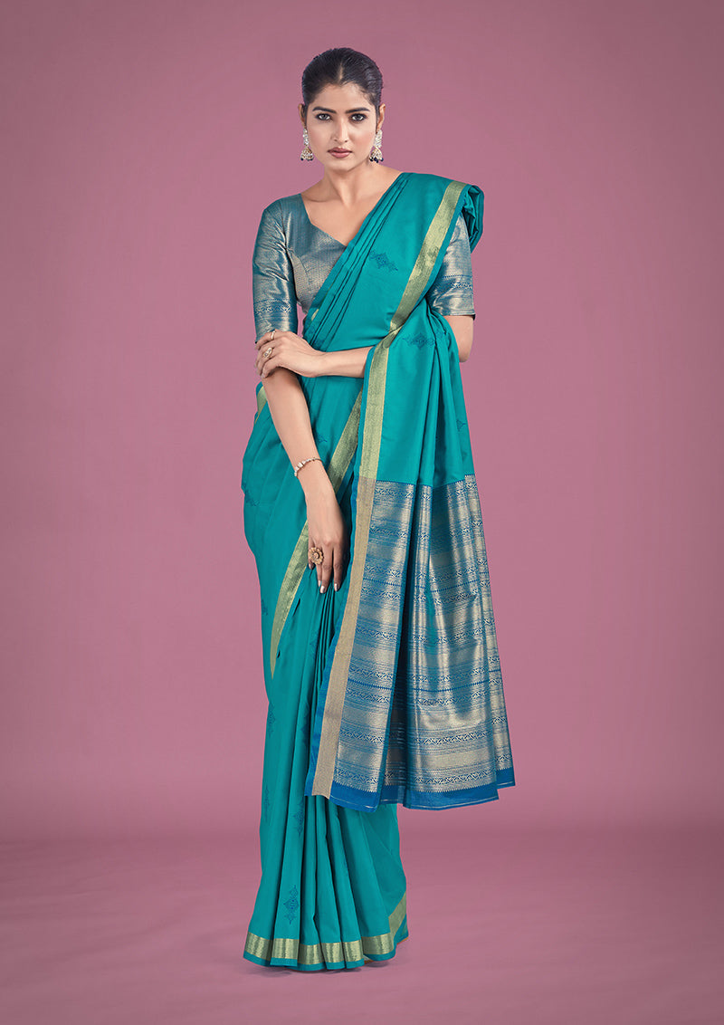 Monjolika Fashion Charming Turquoise Color Silk Golden Zari Woven Ceremony Saree | Grocsy