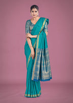 Monjolika Fashion Charming Turquoise Color Silk Golden Zari Woven Ceremony Saree | Grocsy