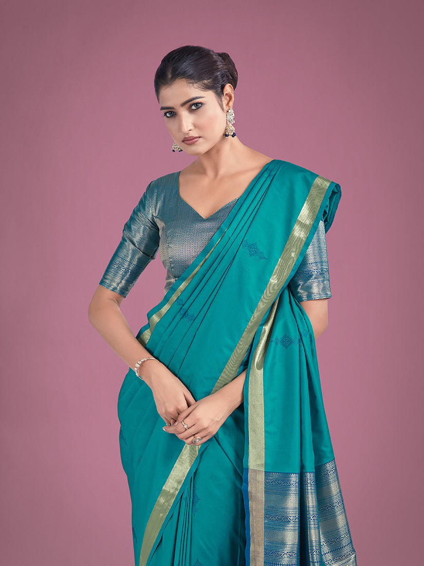 Monjolika Fashion Charming Turquoise Color Silk Golden Zari Woven Ceremony Saree | Grocsy