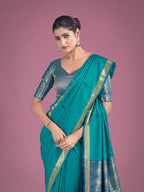 Monjolika Fashion Charming Turquoise Color Silk Golden Zari Woven Ceremony Saree | Grocsy