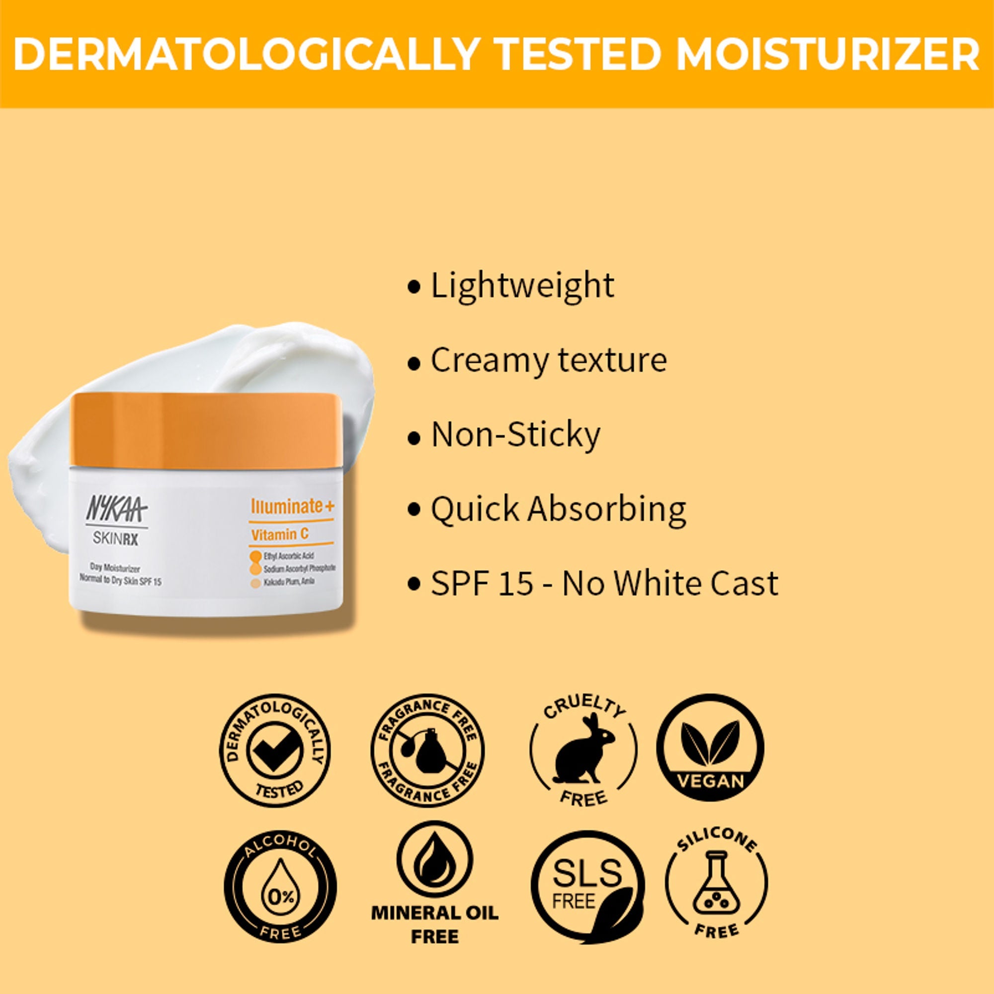 Nykaa SkinRX Illuminate+ Vitamin C Day Moisturizer SPF 15 for Radiant, Hydrated Normal to Dry Skin | Grocsy