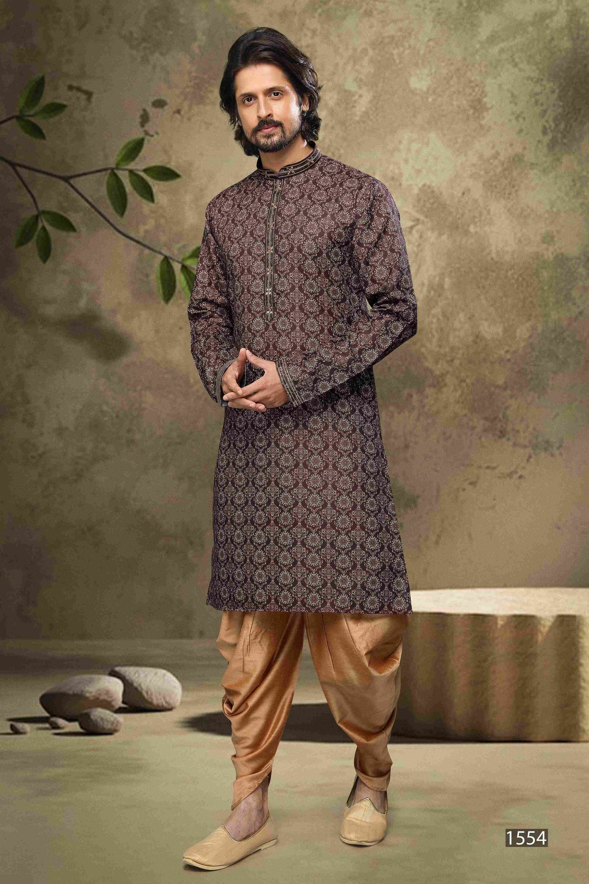 Raivat Ethnic Cotton Digital Print Mirror Work Kurta Pajama In Brown Colour | Grocsy