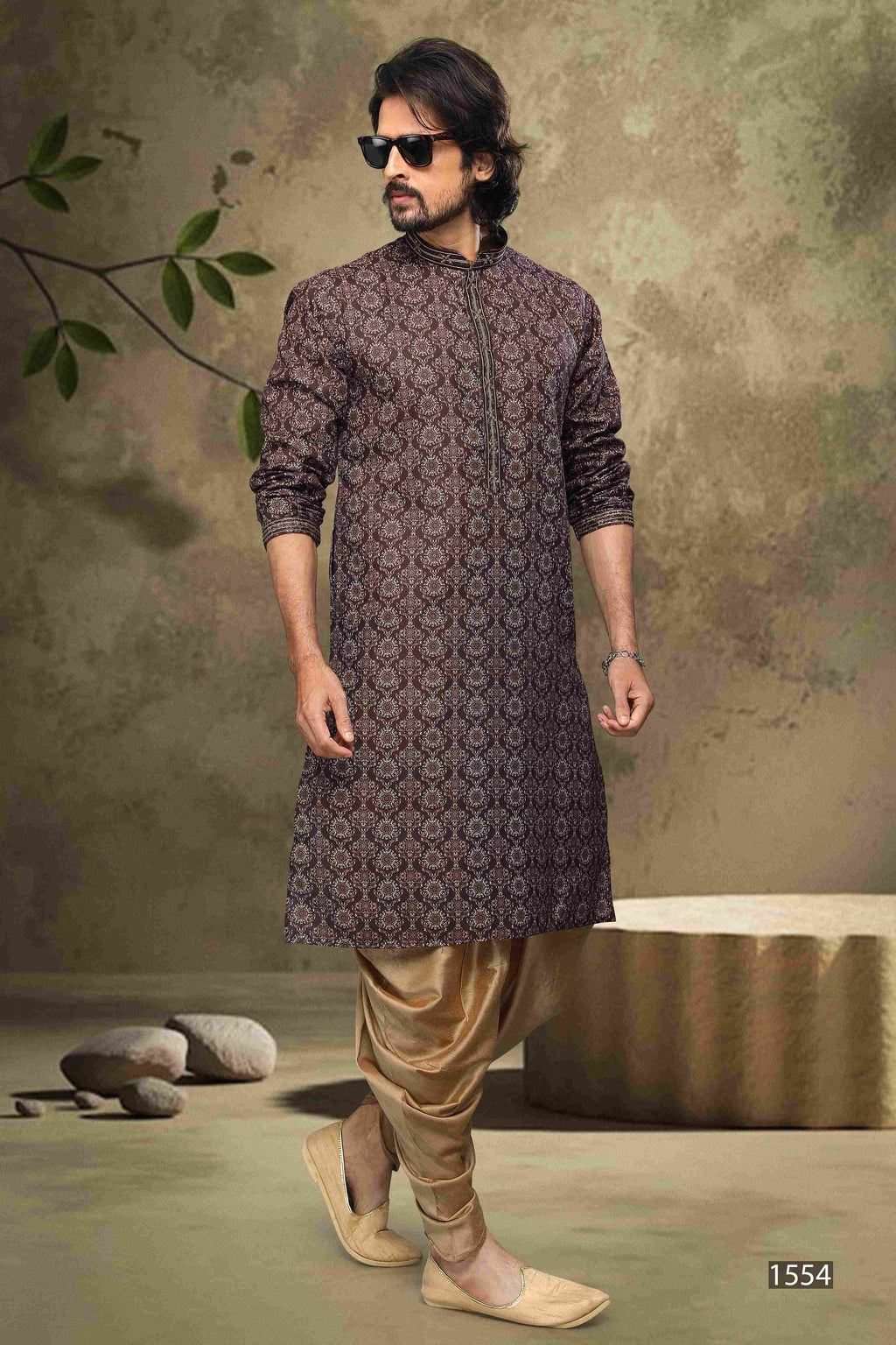 Raivat Ethnic Cotton Digital Print Mirror Work Kurta Pajama In Brown Colour | Grocsy