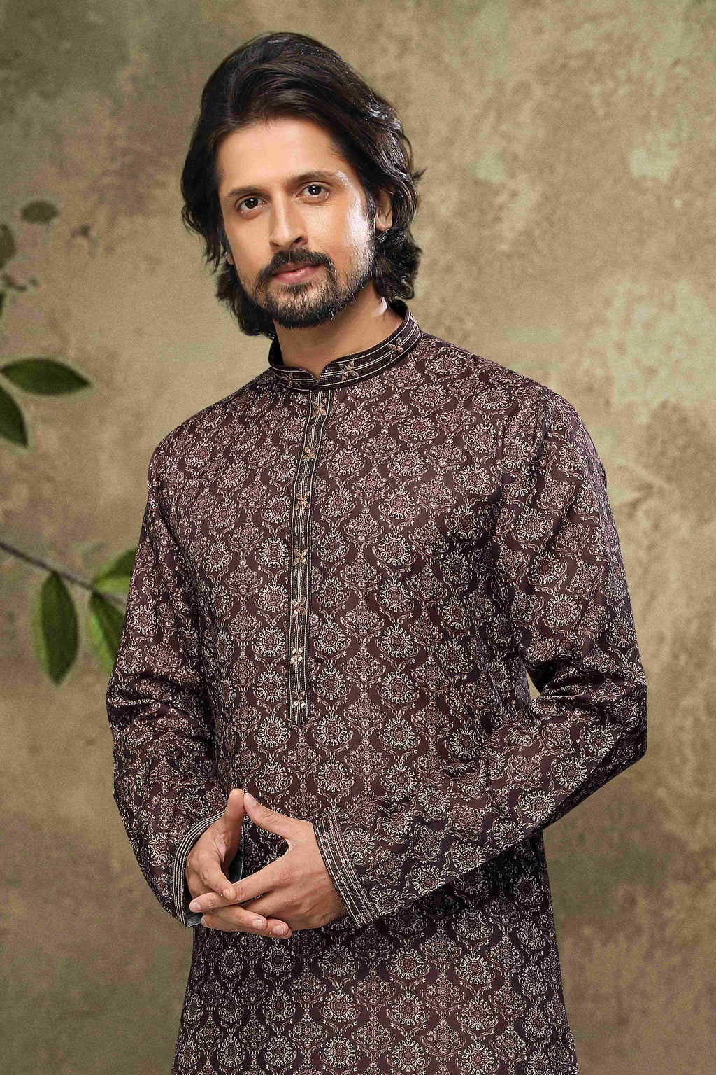 Raivat Ethnic Cotton Digital Print Mirror Work Kurta Pajama In Brown Colour | Grocsy