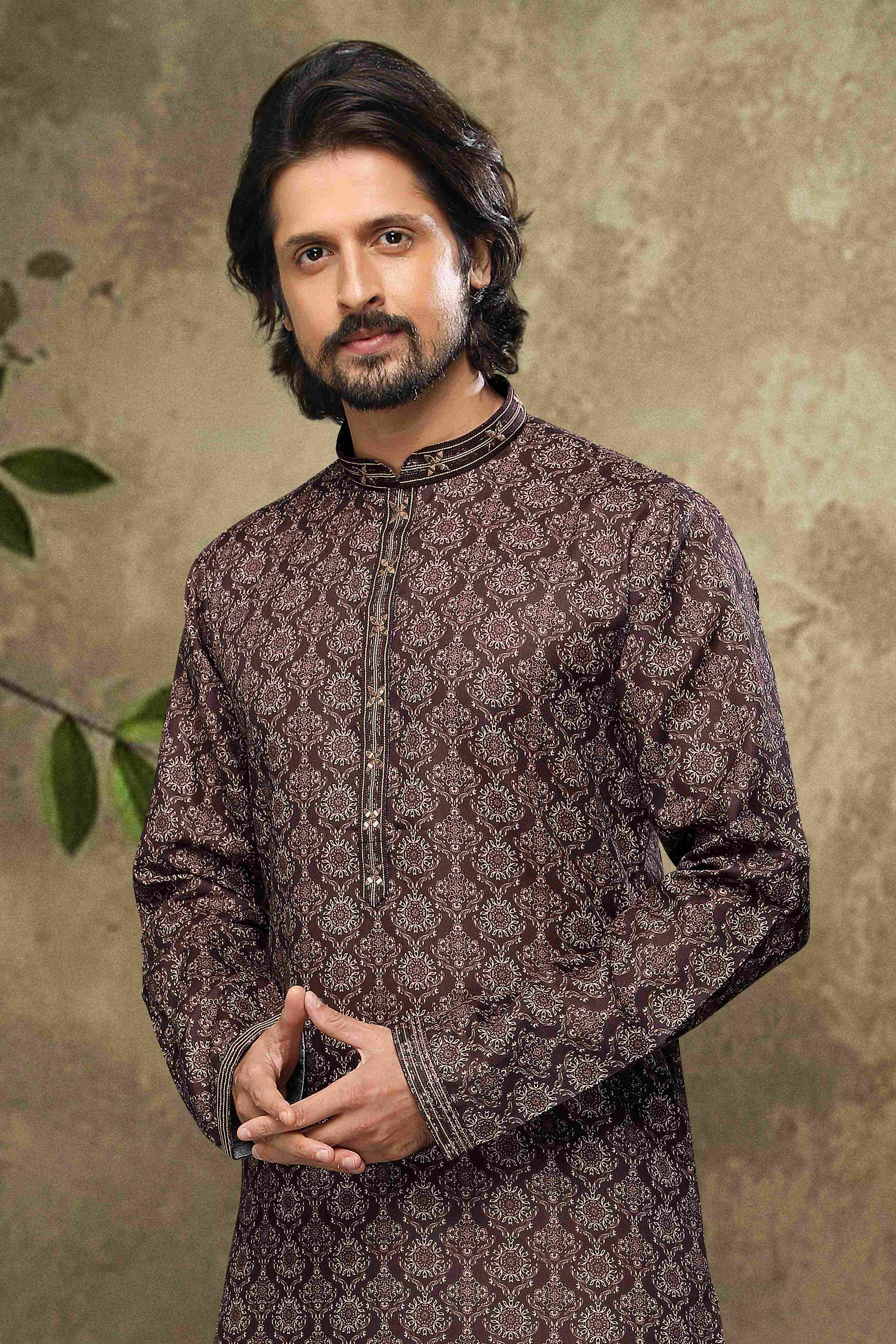 Raivat Ethnic Cotton Digital Print Mirror Work Kurta Pajama In Brown Colour | Grocsy