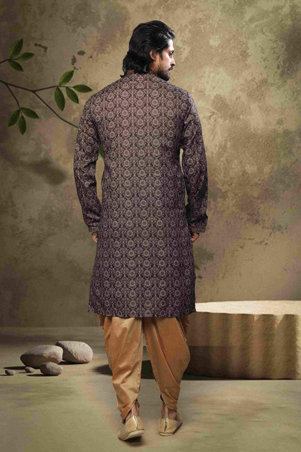 Raivat Ethnic Cotton Digital Print Mirror Work Kurta Pajama In Brown Colour | Grocsy