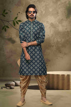 Raivat Ethnic Cotton Digital Print Mirror Work Kurta Pajama In Blue Colour | Grocsy