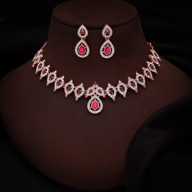 Tehzeeb Creations Pink Colour Ad Studded Necklace Jewellery Set With Matching Earrings For Women And Girls | Grocsy