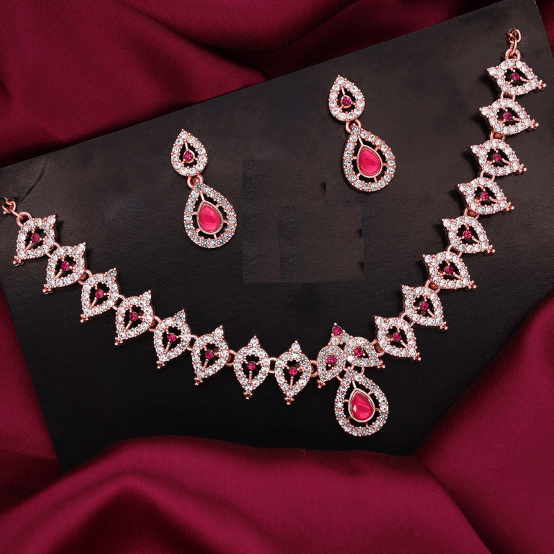 Tehzeeb Creations Pink Colour Ad Studded Necklace Jewellery Set With Matching Earrings For Women And Girls | Grocsy