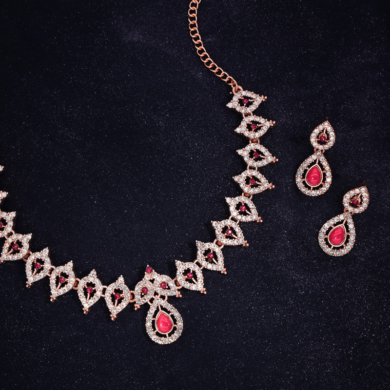 Tehzeeb Creations Pink Colour Ad Studded Necklace Jewellery Set With Matching Earrings For Women And Girls | Grocsy
