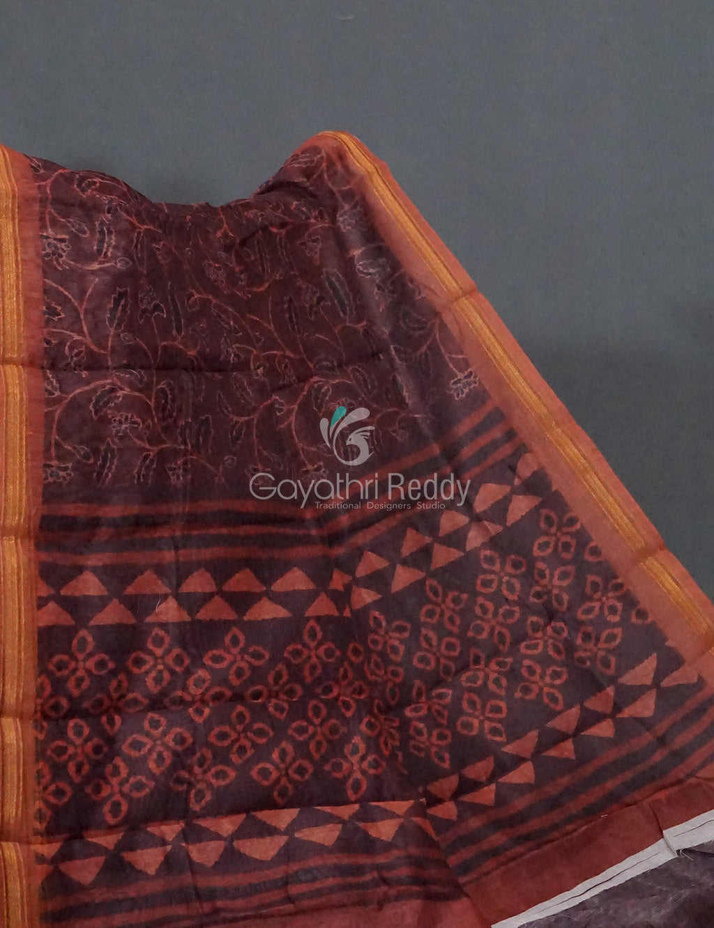 Light Coffee Brown Coloured Discharge Print Semi Chanderi Saree By Gayathri Reddy Designer Studio | Grocsy