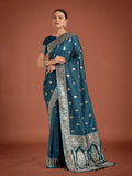 Monjolika Fashion Dark Teal Banarasi Satin Silk Saree with Intricate Zari Work with Rich Weaving Pattern | Grocsy