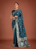 Monjolika Fashion Dark Teal Banarasi Satin Silk Saree with Intricate Zari Work with Rich Weaving Pattern | Grocsy