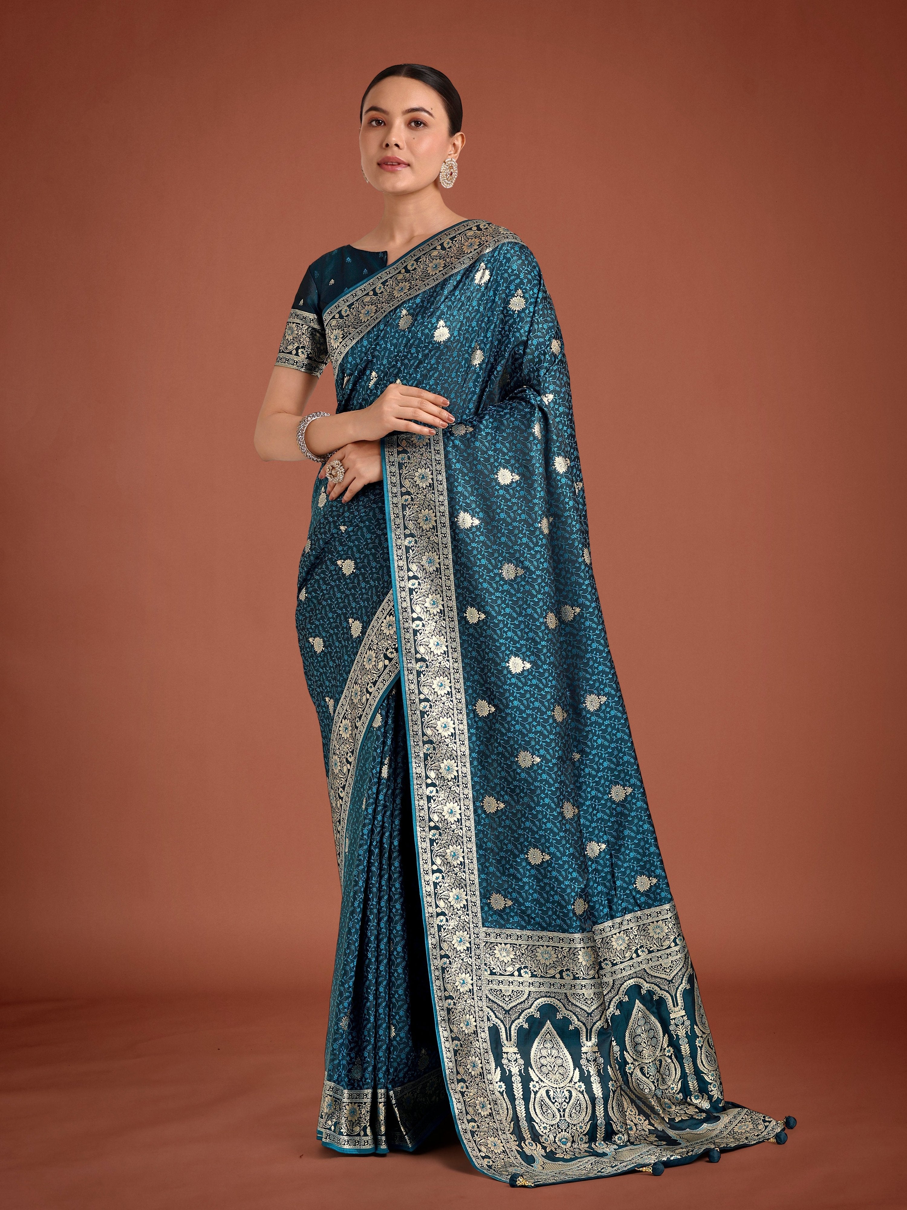 Monjolika Fashion Dark Teal Banarasi Satin Silk Saree with Intricate Zari Work with Rich Weaving Pattern | Grocsy
