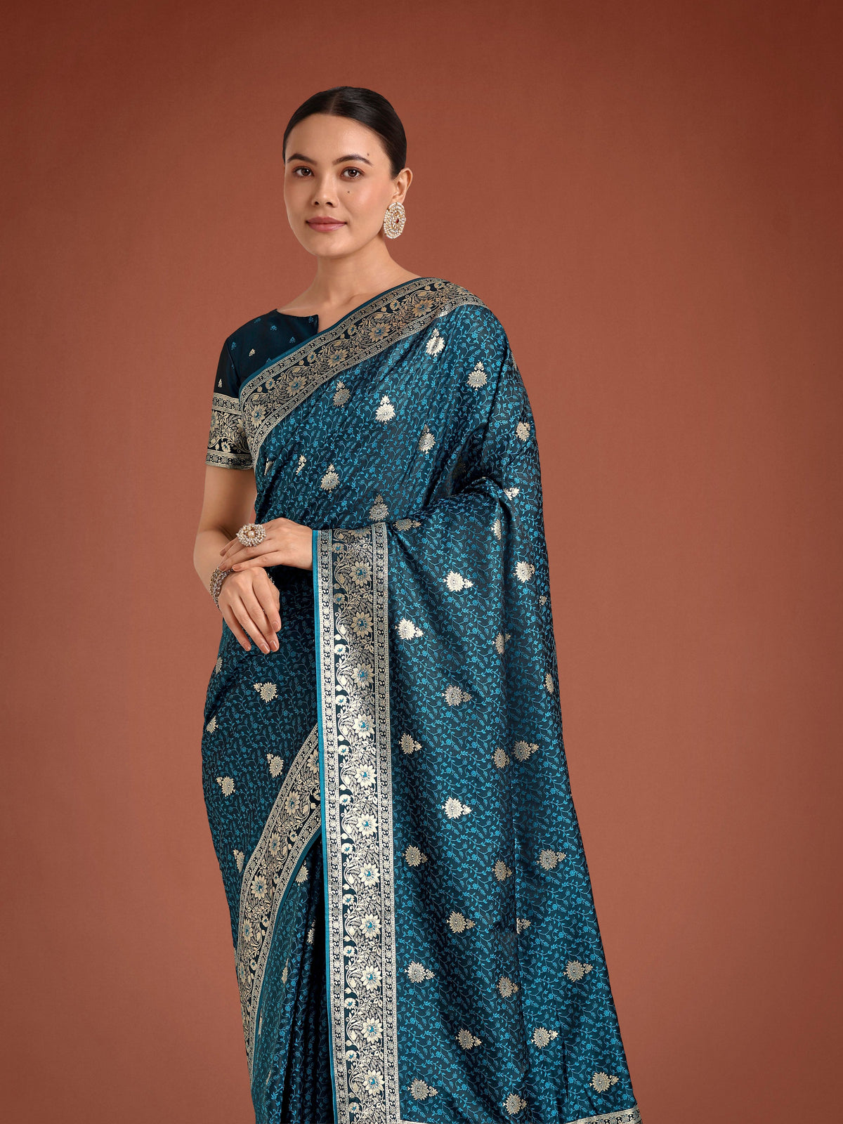 Monjolika Fashion Dark Teal Banarasi Satin Silk Saree with Intricate Zari Work with Rich Weaving Pattern | Grocsy