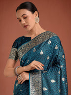 Monjolika Fashion Dark Teal Banarasi Satin Silk Saree with Intricate Zari Work with Rich Weaving Pattern | Grocsy