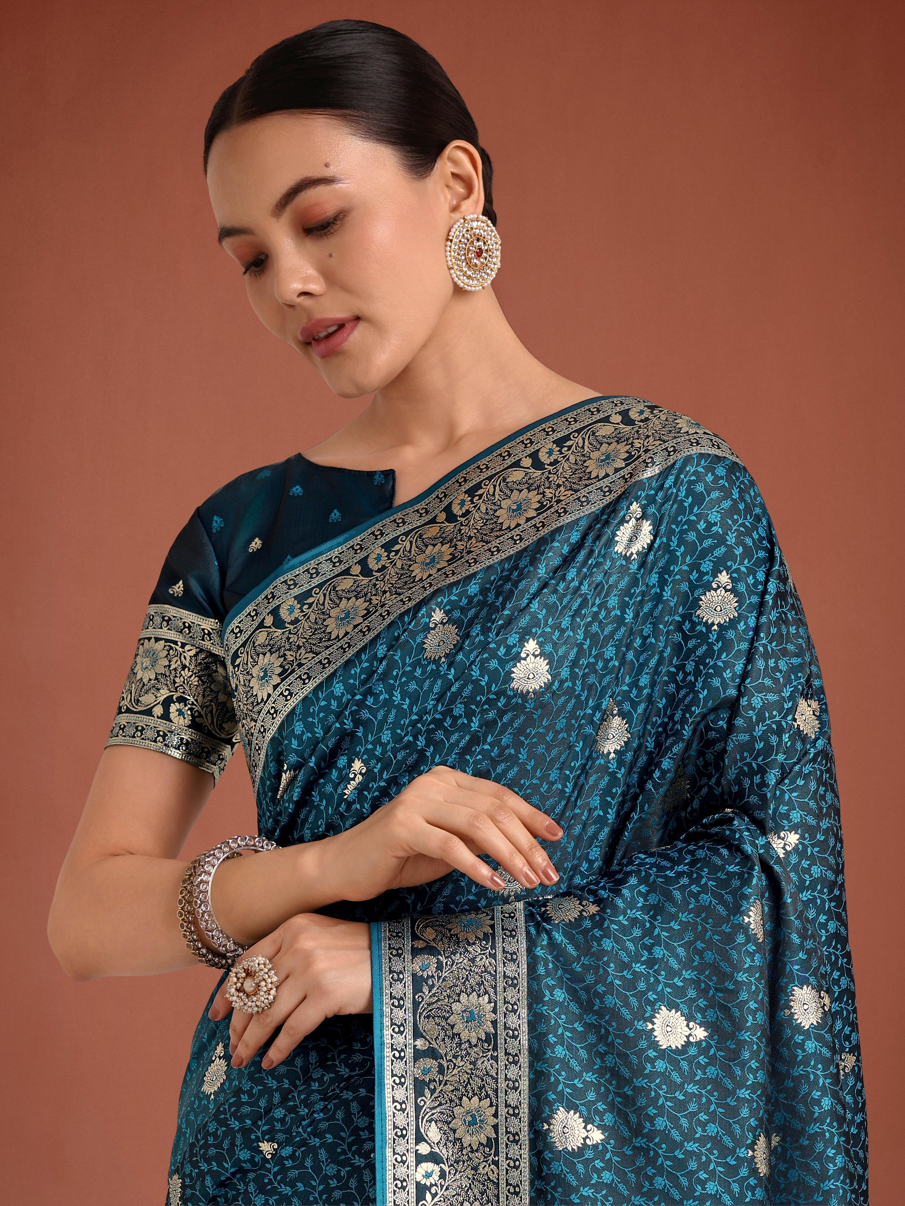 Monjolika Fashion Dark Teal Banarasi Satin Silk Saree with Intricate Zari Work with Rich Weaving Pattern | Grocsy