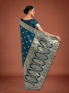 Monjolika Fashion Dark Teal Banarasi Satin Silk Saree with Intricate Zari Work with Rich Weaving Pattern | Grocsy