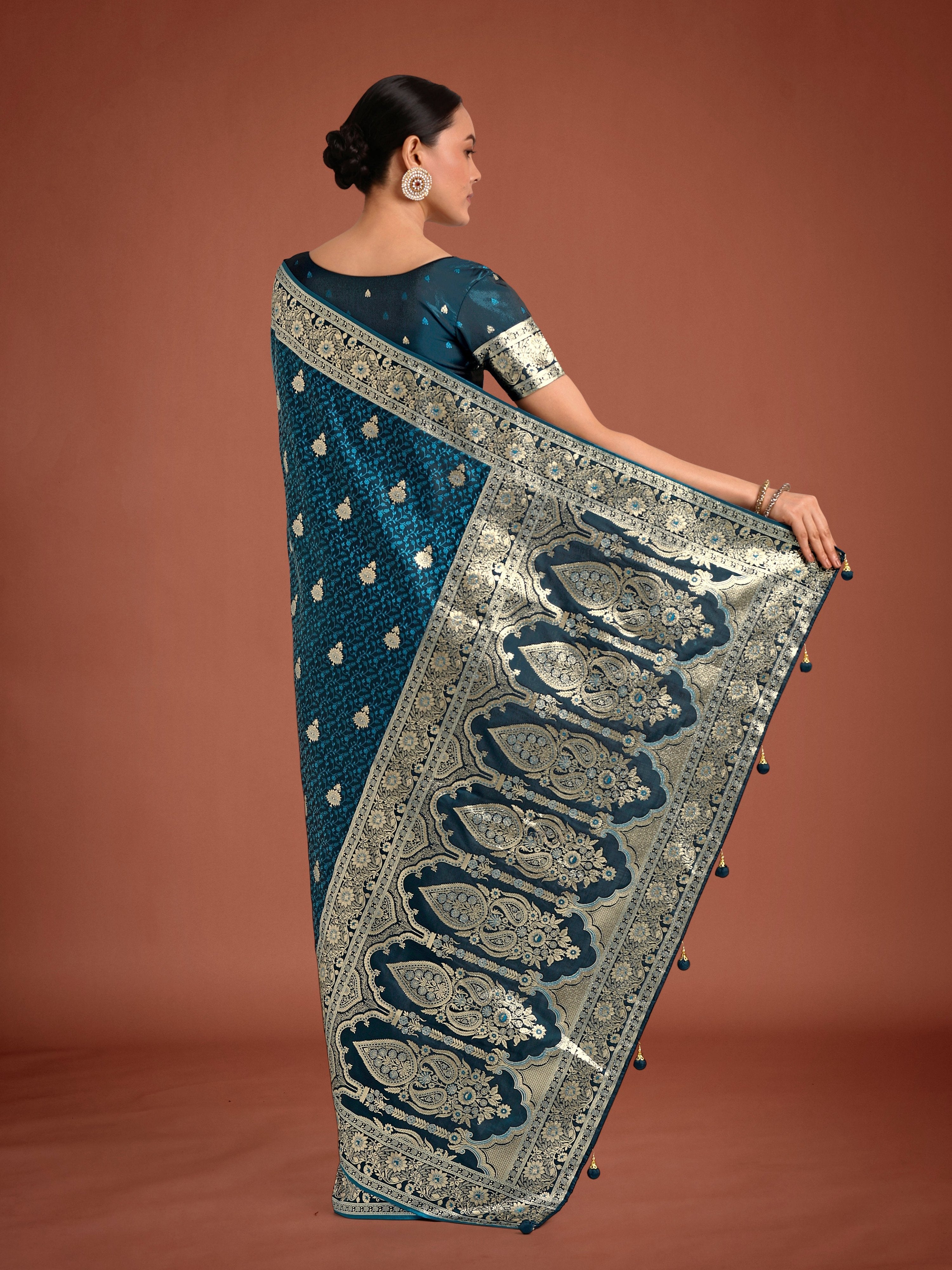 Monjolika Fashion Dark Teal Banarasi Satin Silk Saree with Intricate Zari Work with Rich Weaving Pattern | Grocsy