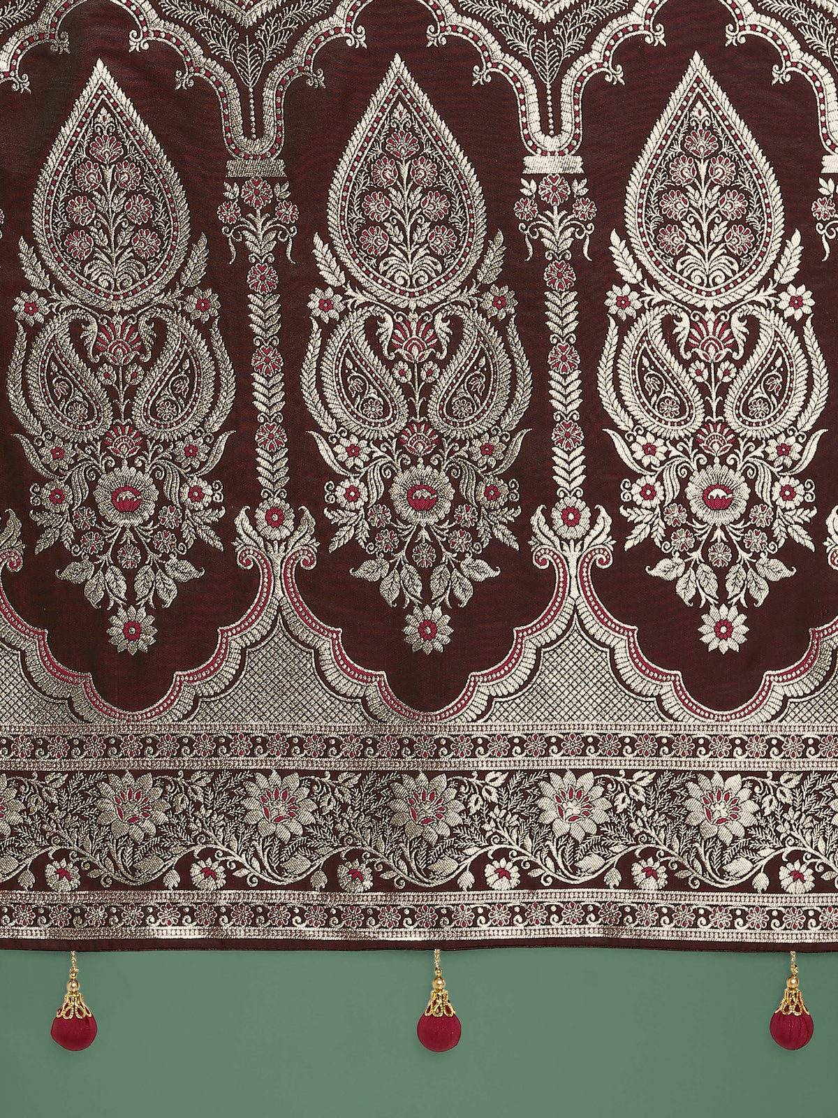 Monjolika Fashion Maroon Banarasi Satin Silk Saree with Intricate Zari Work with Rich Weaving Pattern | Grocsy