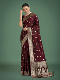 Monjolika Fashion Maroon Banarasi Satin Silk Saree with Intricate Zari Work with Rich Weaving Pattern | Grocsy