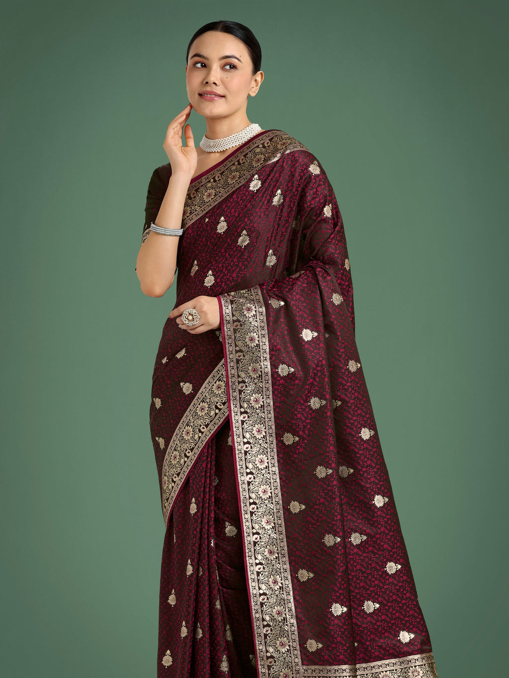 Monjolika Fashion Maroon Banarasi Satin Silk Saree with Intricate Zari Work with Rich Weaving Pattern | Grocsy