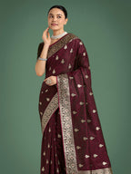 Monjolika Fashion Maroon Banarasi Satin Silk Saree with Intricate Zari Work with Rich Weaving Pattern | Grocsy