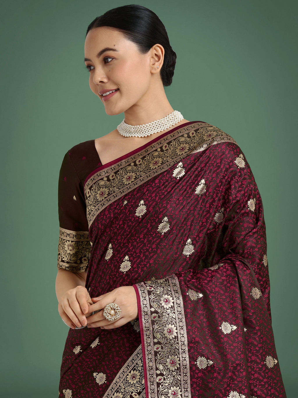 Monjolika Fashion Maroon Banarasi Satin Silk Saree with Intricate Zari Work with Rich Weaving Pattern | Grocsy